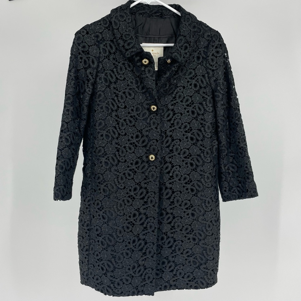 KATE SPADE BLACK LACE BUTTON UP COAT BLACK AND GOLD XXS - Picture 2 of 11